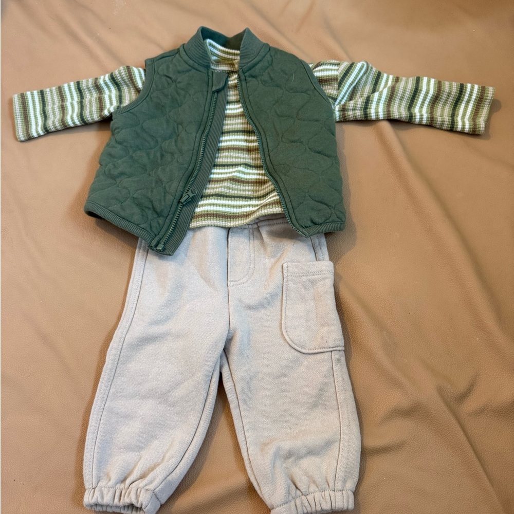 First Impressions Olive Vest and Striped Shirt Set